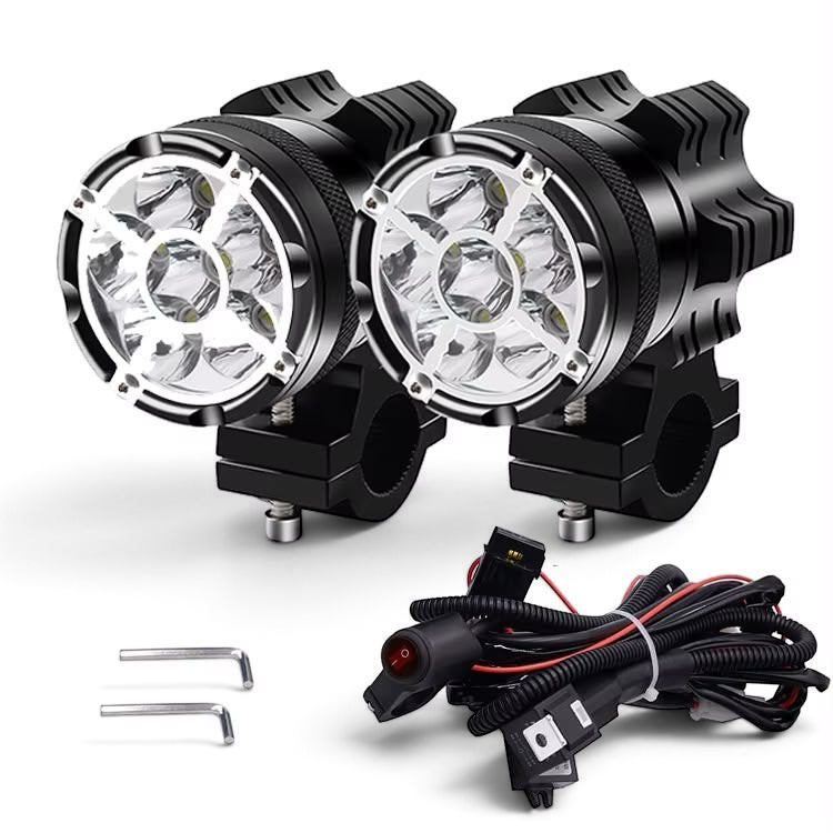 CASA CUSTOM MOTO B6 LED motorcycle auxiliary lights with mounting brackets, wiring harness, and hex keys.